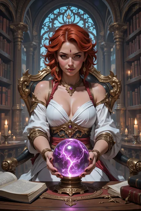 hyp3rd3tail style,flux-color,aidmamjv7,In the style of chargen_concept_art image of,,a picture of a human mecha woman sorceress sittings in her magical lab, divining distant places in her crystal ball, epic beautiful human woman, ultra detailed face , red ...