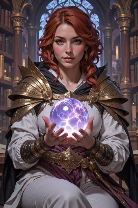 hyp3rd3tail style,flux-color,aidmamjv7,In the style of chargen_concept_art image of,,a picture of a human mecha woman sorceress sittings in her magical lab, divining distant places in her crystal ball, epic beautiful human woman, ultra detailed face , red ...