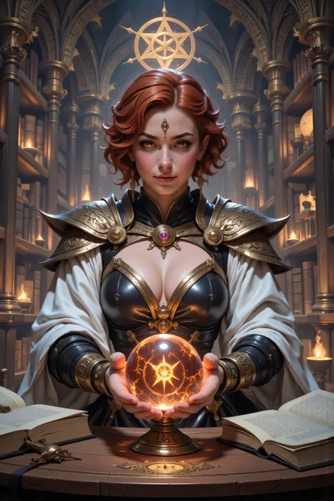 hyp3rd3tail style,flux-color,aidmamjv7,In the style of chargen_concept_art image of,,a picture of a human mecha woman sorceress sittings in her magical lab, divining distant places in her crystal ball, epic beautiful human woman, ultra detailed face , red ...