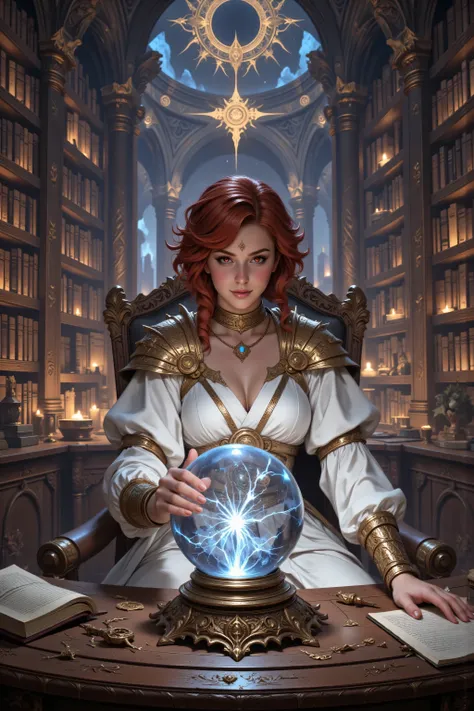 hyp3rd3tail style,flux-color,aidmamjv7,In the style of chargen_concept_art image of,,a picture of a human mecha woman sorceress sittings in her magical lab, divining distant places in her crystal ball, epic beautiful human woman, ultra detailed face , red ...