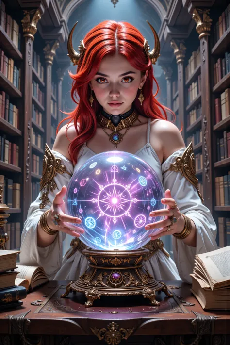 flux-color,aidmamjv7,zavy-ctcmcs,Mech01,mecha,,a picture of a human mecha woman sorceress sittings in her magical lab, divining distant places in her crystal ball, epic beautiful human woman, ultra detailed face , red hair, short hair, red eyes, dynamic dr...