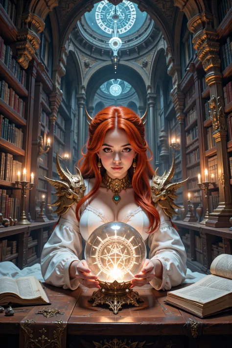 flux-color,aidmamjv7,zavy-ctcmcs,Mech01,mecha,,a picture of a human mecha woman sorceress sittings in her magical lab, divining distant places in her crystal ball, epic beautiful human woman, ultra detailed face , red hair, short hair, red eyes, dynamic dr...