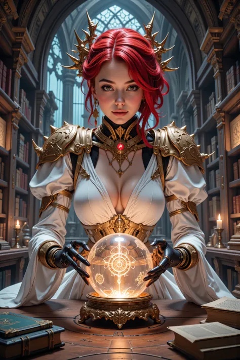flux-color,aidmamjv7,zavy-ctcmcs,Mech01,mecha,,a picture of a human mecha woman sorceress sittings in her magical lab, divining distant places in her crystal ball, epic beautiful human woman, ultra detailed face , red hair, short hair, red eyes, dynamic dr...