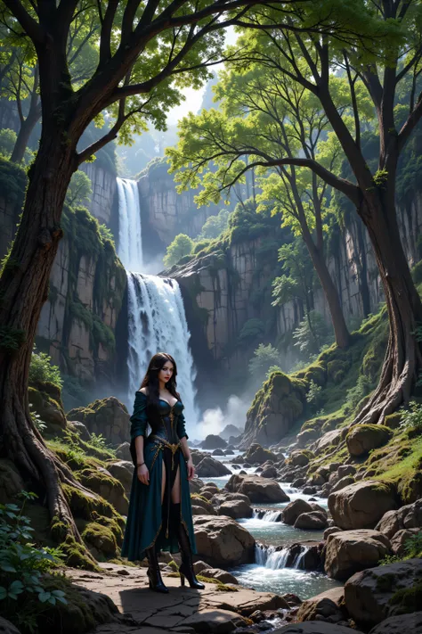 hyp3rd3tail style,OMNH,flux-color,aidmamjv7, picture of an elf druid grove in a fantasy forest and its druid warden observing all, a fantasy forest (intricate details, Masterpiece, best quality), many trees, a stream of water (intricate details, Masterpiec...