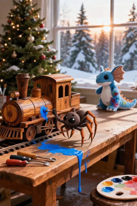 Aracello, spider, brown color, fine hairs on paws, big black eyes, cute,darkrain, паучок раскрашивает синей краской игрушечный деревянный изысканный старинный паровозик частично раскрашенный, а частично видна текстура дерева больше паучка немного, поезд ст...