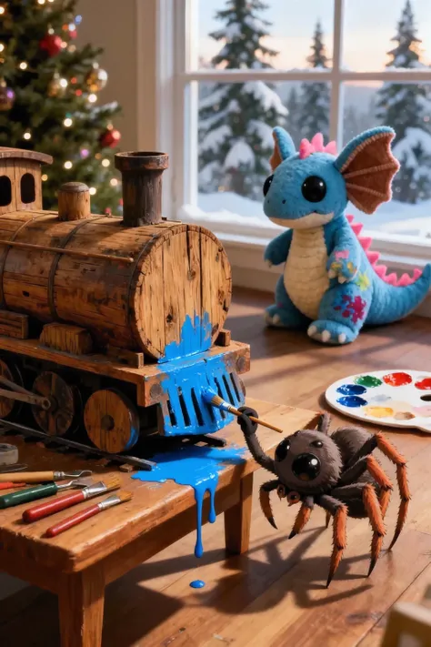 Aracello, spider, brown color, fine hairs on paws, big black eyes, cute,darkrain, паучок раскрашивает синей краской игрушечный деревянный изысканный старинный паровозик частично раскрашенный, а частично видна текстура дерева больше паучка немного, поезд ст...