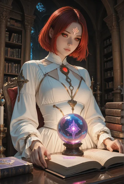 wearing a clothes,Contrast,masterpiece, best quality, very aesthetic, absurdres,,a picture of a human mecha woman sorceress sittings in her magical lab, divining distant places in her crystal ball, epic beautiful human woman, ultra detailed face , red hair...