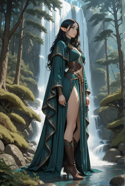 blue color,Contrast,masterpiece, best quality, very aesthetic, absurdres, picture of an elf druid grove in a fantasy forest and its druid warden observing all, a fantasy forest (intricate details, Masterpiece, best quality), many trees, a stream of water (...