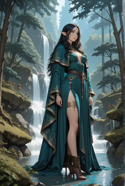 blue color,Contrast,masterpiece, best quality, very aesthetic, absurdres, picture of an elf druid grove in a fantasy forest and its druid warden observing all, a fantasy forest (intricate details, Masterpiece, best quality), many trees, a stream of water (...