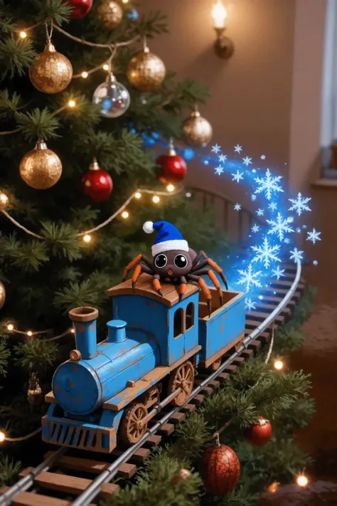 Aracello, spider, brown color, fine hairs on paws, big black eyes, cute, паучок в синем праздничном колпаке едет на деревянном синем игрушечном поезде по рельсам в воздухе обвитым вокруг рождественской ёлки. оставляя магический след из снежинок. Празднична...