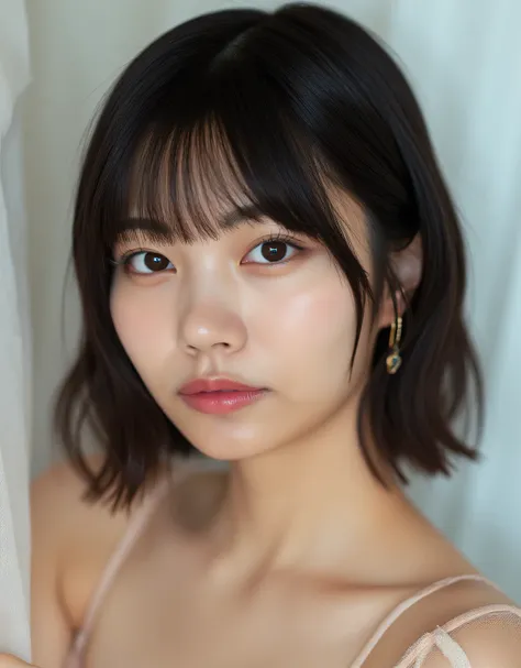 A Japanese idol, cinematic photobook. An element that adds color to the layout style of the photobook. She has fair, smooth skin and ((dark brown short bob, round bangs, hairstyle)), . Underwear, whitening, beautiful skin, slim, gloss, sparkle, shine, mois...