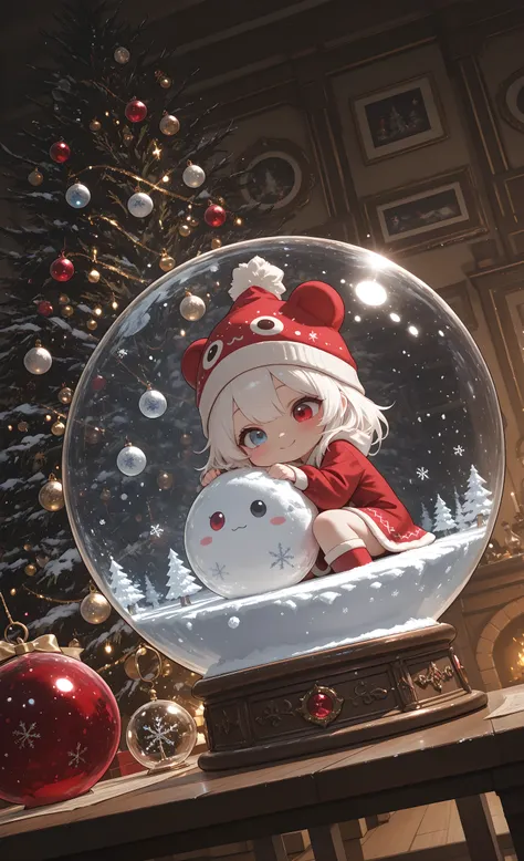 (masterpiece, top quality, over-detailed, absurdism, intricate details, clear focus),
1 girl, solo, Chibi style,
Melis Chibi, snow-white hair with soft gradient red tips, heterochromia, crimson-red right eye: 1.3 and icy blue left eye: 1.3, fair skin, dres...