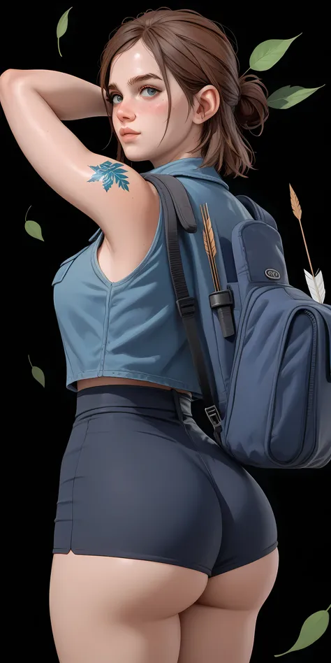Ellie from the last of ud part 2, (very thin waist)), ((very thin waist))))athletic,  (freckles)), black background, ((() With a arrow bow. (((backpack))) (((blue jacket sleeveless))) leaves tattoo in the forearm. (((armpits))) (((medium open breast)))(((h...