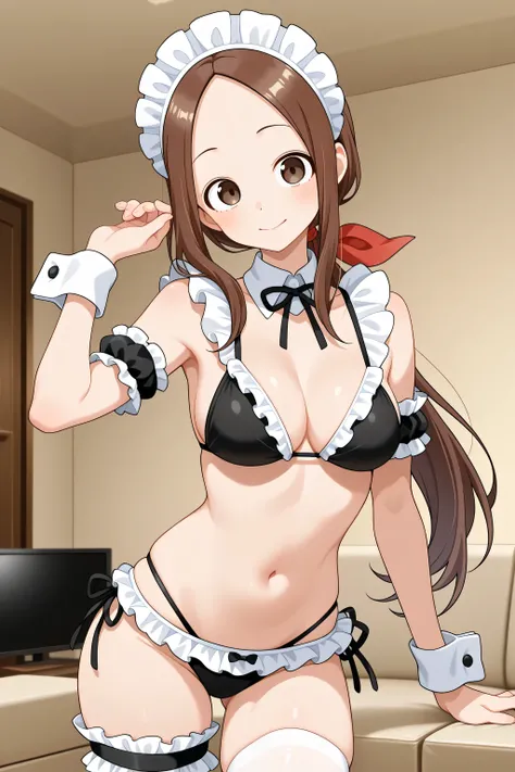 Takagi-san、Living Room、、、、、1 person、solo、1girl,,,,,,,,,,,,,,,,,maid bikini,black bikini, maid headdress, detached collar, thighhighs,frills,ribbon,arm garter,leg garter,wrist cuffs、、、、、、、、aatakagi, solo, aged up, long hair, brown hair, low ponytail, parted...
