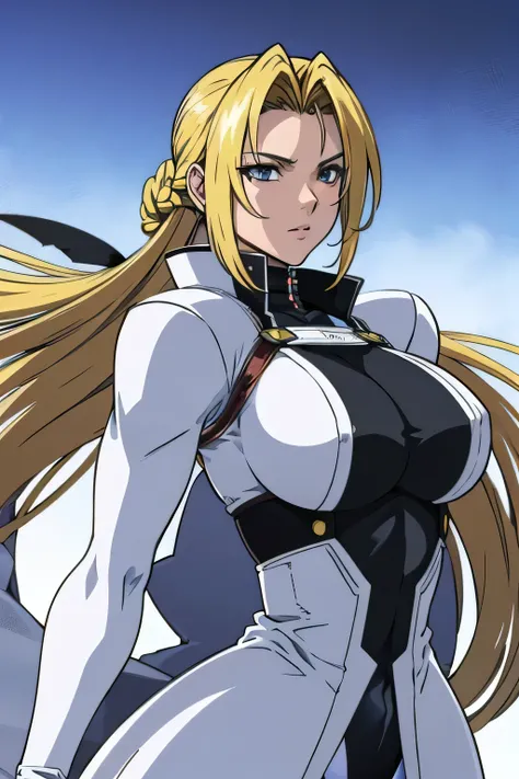 anime style, upper body portrait, tall muscular Irish female mercenary over 40, long bright blonde hair tied back, sharp cold eyes, wearing white long winter coat over a form-fitting bodysuit (white torso, black legs), visible abs shape under the suit, pow...