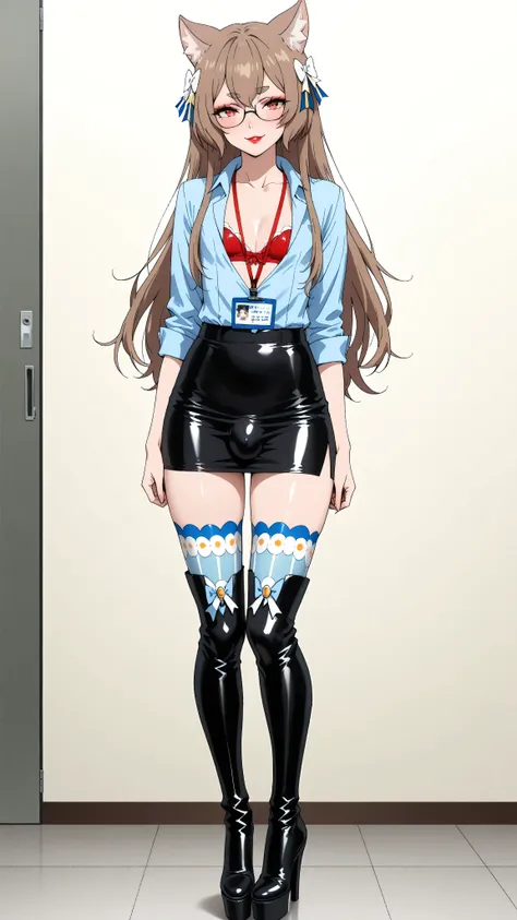 long hair, bangs, brown hair, felix argyle, long hair, bangs, brown hair, bow, animal ears, hair bow, male focus, cat ears, eyelashes, thick eyebrows, white bow, otoko no ko, light blue latex shirt, cleavage, red latex bra, underwear, lanyard, pencil skir...