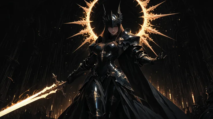 Dark knight, seductive smile, full armor, holding large sword, strategic sword positiin, hyper detailed, intricate design, glossy armor, dark castle, dark fantasy, dark ambience, golden aura, glow, foreshortening sword
