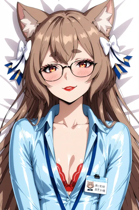 long hair, bangs, brown hair, felix argyle, long hair, bangs, brown hair, bow, animal ears, hair bow, male focus, cat ears, eyelashes, thick eyebrows, white bow, otoko no ko, light blue latex shirt, cleavage, red latex bra, underwear, lanyard, pencil skir...