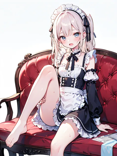 masterpiece, top quality, , 8k, Official Art, , simple background、1 girl, Maid Outfit, Barefoot, Sweaty feet、sitting, ,blushing、Both hands on crotch、open mouth、、、、facing up、above、square、slouched eyes、,、 staring at the audience,masterpiece 、 top quality 、 ...