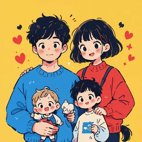 high quality, Realistic, 4K, perfect, A warm, A happy and fun space, mature woman, Black Bob Cut, boy in red sweater and boy in blue sweater、mature men、Family photo of dad, mom and 2 sons、upper body, masterpiece, high steady tail, rich and delicate texture