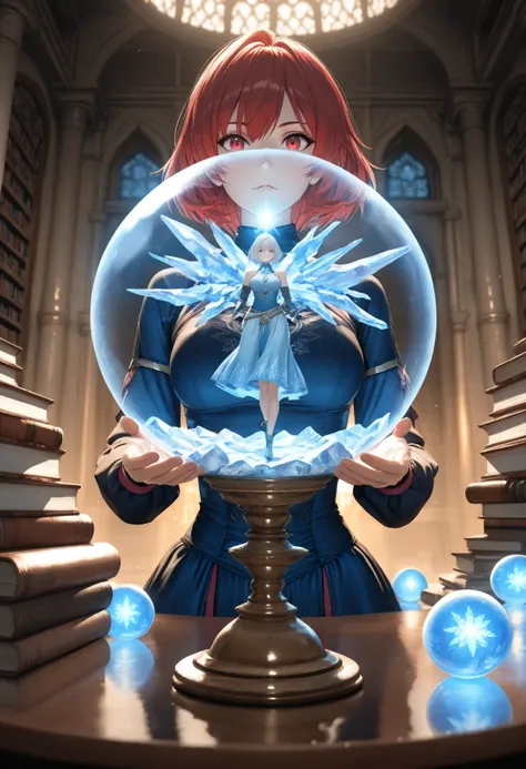 wearing a clothes,Contrast,masterpiece, best quality, very aesthetic, absurdres,,a picture of a human woman sorceress sittings in her magical lab, divining distant places in her snowy crystal ball, epic beautiful human woman, ultra detailed face , red hair...