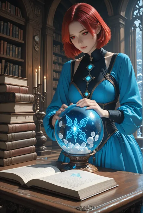 wearing a clothes,Contrast,masterpiece, best quality, very aesthetic, absurdres,,a picture of a human woman sorceress sittings in her magical lab, divining distant places in her snowy crystal ball, epic beautiful human woman, ultra detailed face , red hair...