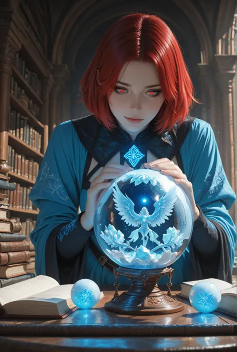 wearing a clothes,Contrast,masterpiece, best quality, very aesthetic, absurdres,,a picture of a human woman sorceress sittings in her magical lab, divining distant places in her snowy crystal ball, epic beautiful human woman, ultra detailed face , red hair...