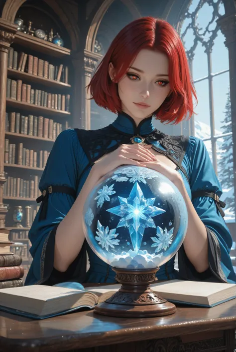 wearing a clothes,Contrast,masterpiece, best quality, very aesthetic, absurdres,,a picture of a human woman sorceress sittings in her magical lab, divining distant places in her snowy crystal ball, epic beautiful human woman, ultra detailed face , red hair...