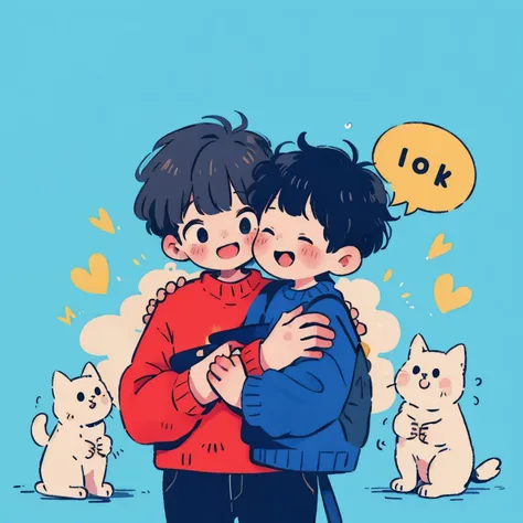high quality, Realistic, 4K, perfect, A warm, A happy and fun space, 1 mature woman, Black Bob Cut, woman gently hugs a boy wearing a red sweater and a boy wearing a blue sweater, 2 boys、upper body, masterpiece, high steady tail, rich and delicate texture