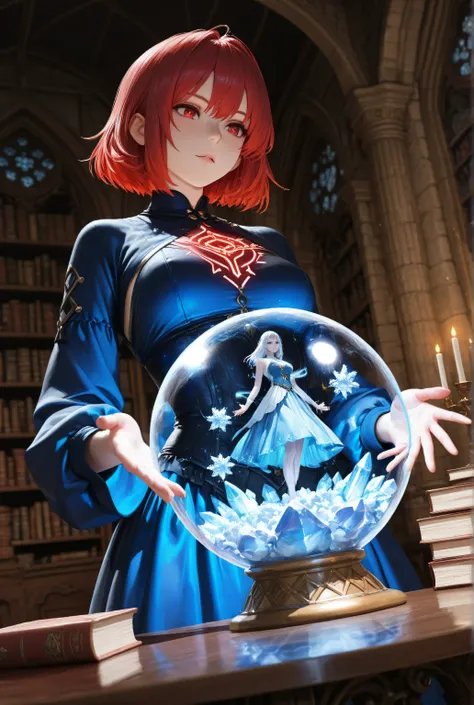 wearing a clothes,Contrast,masterpiece, best quality, very aesthetic, absurdres,,a picture of a human woman sorceress sittings in her magical lab, divining distant places in her snowy crystal ball, epic beautiful human woman, ultra detailed face , red hair...