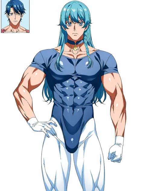 score 9 、score 8 up、score 7 up、source anime、high quality illustration、傑作、best quality、best resolution、best image quality、anime coloring、anime screencap、anime screenshot、1boy、kaidou minami is a male、solo、anime male is wearing a blue leotard、aqua hair、long h...