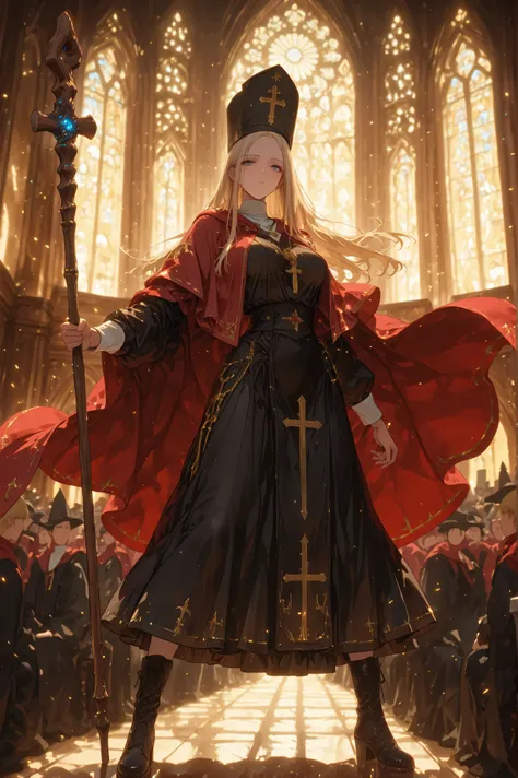 masterpiece, ultra detailed, 8k, highly detailed face, beautiful and meticulous blue eyes, looking at viewer, (Fantasy), Young beautiful, dynamic pose, legs apart, kind face, expressionless, Blonde hair, ultra short hair, forehead, (Priest), action pose, w...