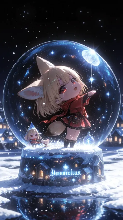 a transparent snow dome containing a cute fennec fox miniature wearing a red scarf,
standing in a tiny snowy town under starry sky, glowing street lamps,
falling snow, dreamy and magical atmosphere, cinematic lighting, fantasy diorama art , 
blue hour, aur...