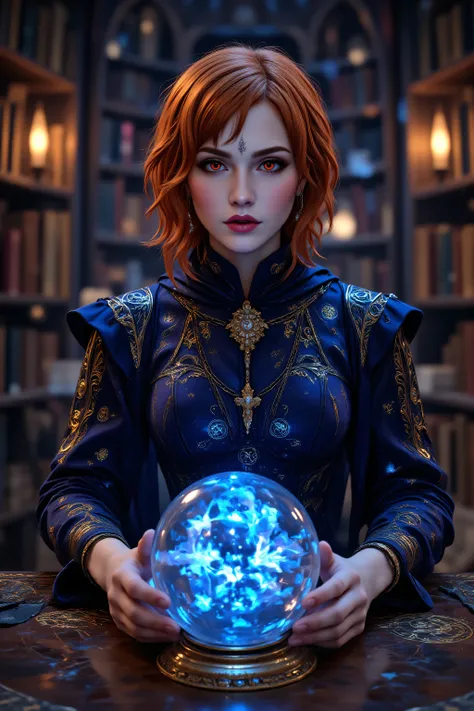 OMNH,aidmamjv7,,masterpiece, best quality, very aesthetic, absurdres,,a picture of a human woman sorceress sittings in her magical lab, divining distant places in her snowy crystal ball, epic beautiful human woman, ultra detailed face , red hair, short hai...