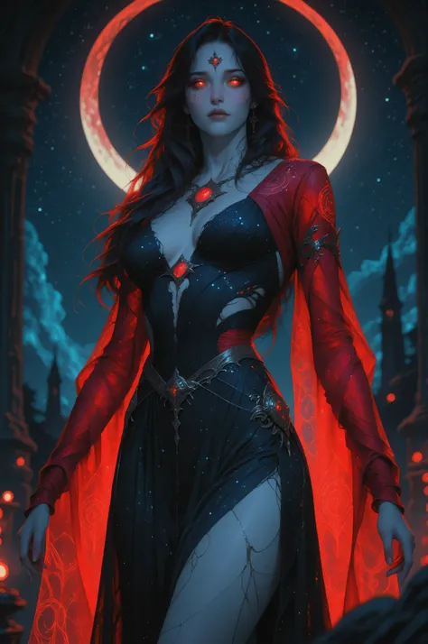 Fantasy Elements,a picture of an epic beautiful woman, ghostly beauty, wearing celestial dress, black silk dress, with celestial patterns, intricate dress, transluminescent dress, transparent dress, red sleeves, epic beautiful woman, pale skin perfect bo...