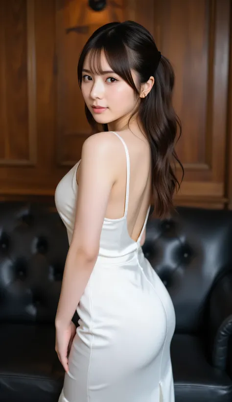 ultra detailed,8k,high resolution,beautiful detailed,high contrast,sharp focus, 50mm, f3,5, from behind,
best quality,super hyper realism,realistic,photorealism,(realistic skin:1.2), upscale night club, black Leather sofa in the background,
japanese s...