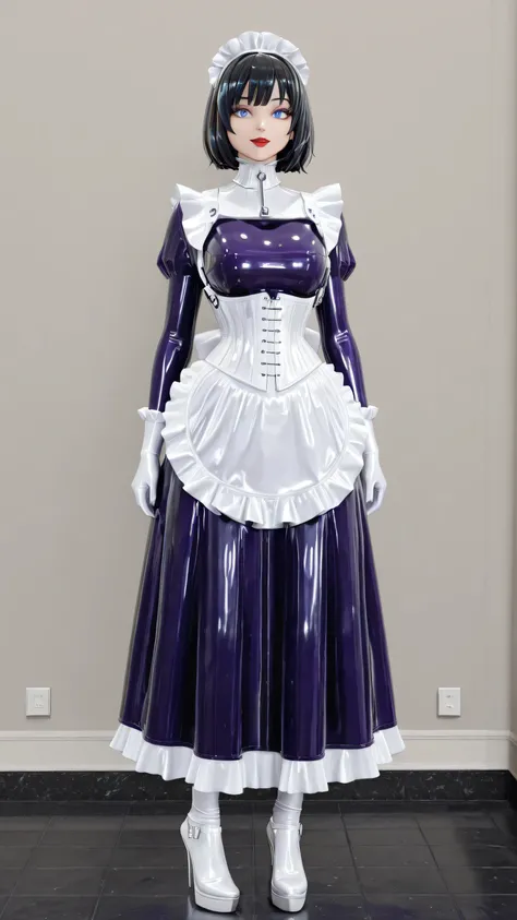 maniajuns, black latex skin, black lenses, black hair,blue eyes,red lips, happy, girl in closed shiny black catsuit,white NeckCorset, HW_Corset, standing, purple latex maid, gothic, frilly, ruffles, purple latex long skirt, Wide Skirt, purple latex long pu...
