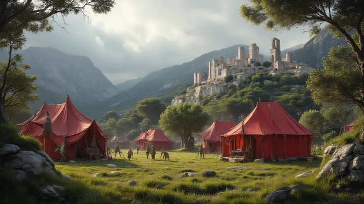A tent military camp in the Greek mountains. Tents made of red fabric. There are many olive trees and vines on the mountains. The grass is beautiful and lush green. Ancient buildings made of white marble stand high in the mountains. The sun shines on the c...