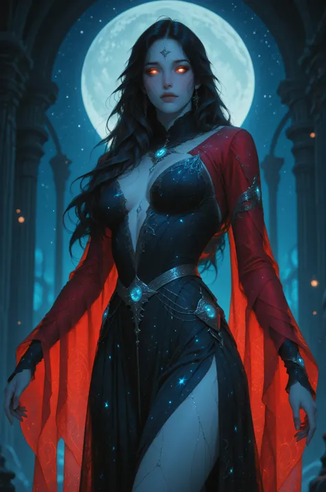 Fantasy Elements,a picture of an epic beautiful woman, ghostly beauty, wearing celestial dress, black silk dress, with celestial patterns, intricate dress, transluminescent dress, transparent dress, red sleeves, epic beautiful woman, pale skin perfect bo...