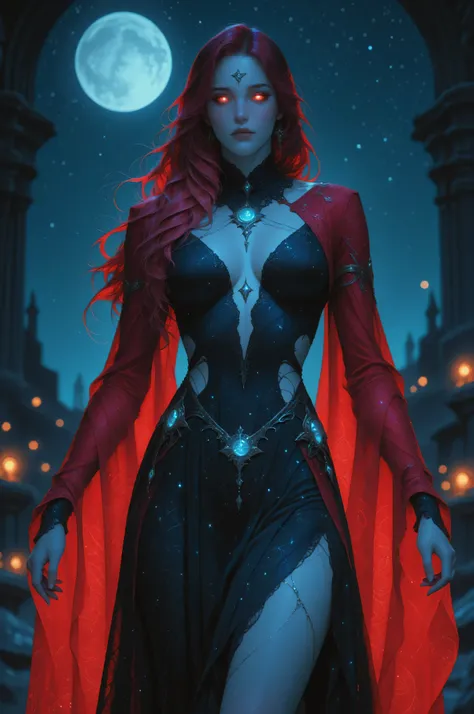 Fantasy Elements,a picture of an epic beautiful woman, ghostly beauty, wearing celestial dress, black silk dress, with celestial patterns, intricate dress, transluminescent dress, transparent dress, red sleeves, epic beautiful woman, pale skin perfect bo...