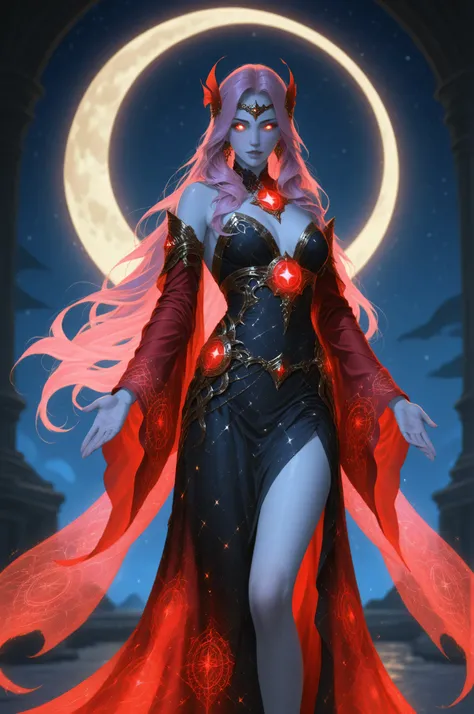 Fantasy Elements,a picture of an epic beautiful woman, ghostly beauty, wearing celestial dress, black silk dress, with celestial patterns, intricate dress, transluminescent dress, transparent dress, red sleeves, epic beautiful woman, pale skin perfect bo...