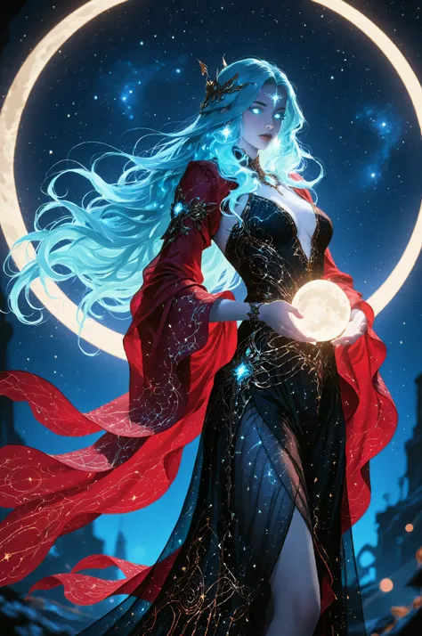 Fantasy Elements,a picture of an epic beautiful woman, ghostly beauty, wearing celestial dress, black silk dress, with celestial patterns, intricate dress, transluminescent dress, transparent dress, red sleeves, epic beautiful woman, pale skin perfect bo...