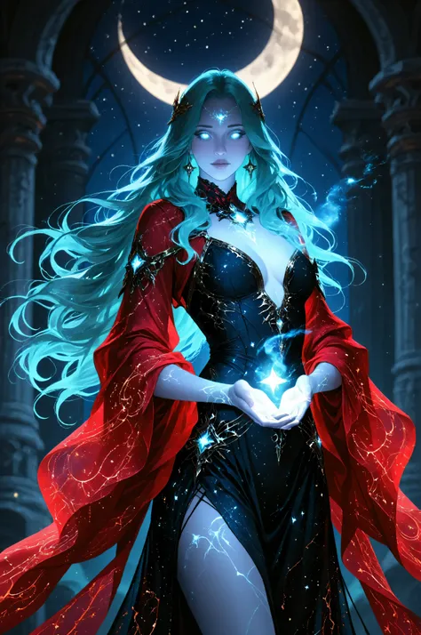 Fantasy Elements,a picture of an epic beautiful woman, ghostly beauty, wearing celestial dress, black silk dress, with celestial patterns, intricate dress, transluminescent dress, transparent dress, red sleeves, epic beautiful woman, pale skin perfect bo...