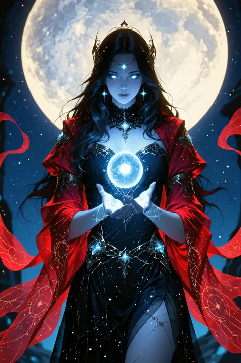 Fantasy Elements,a picture of an epic beautiful woman, ghostly beauty, wearing celestial dress, black silk dress, with celestial patterns, intricate dress, transluminescent dress, transparent dress, red sleeves, epic beautiful woman, pale skin perfect bo...