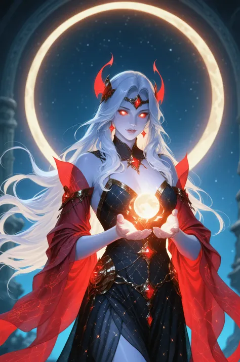 Fantasy Elements,a picture of an epic beautiful woman, ghostly beauty, wearing celestial dress, black silk dress, with celestial patterns, intricate dress, transluminescent dress, transparent dress, red sleeves, epic beautiful woman, pale skin perfect bo...