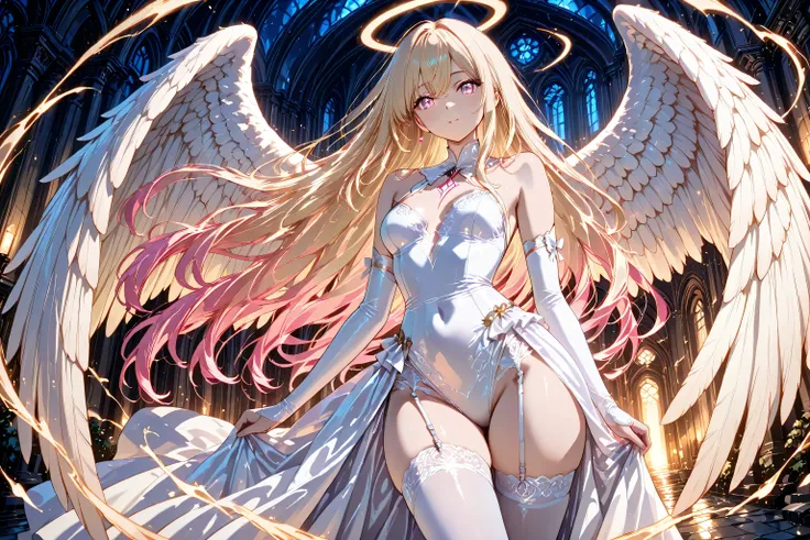 masterpiece, best quality, amazing quality, A fallen angel descended to the earth,
beautiful anime style female angel with long flowing hair,
wearing silky tight dress with high slit, white garter belt and stockings, elegant, innocent yet subtly sexy,
w...