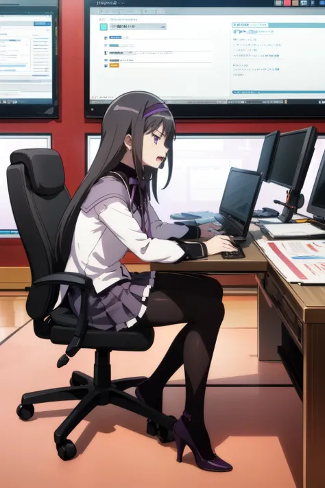 homuramagica , masterpiece, best quality, ultra detail, straight hair, hairband, purple eyes, from side, front angle view, looking ahead, purple skirt, black tights, black heels, whole body, using computer, sitting office chair, open mouth, expressionle...
