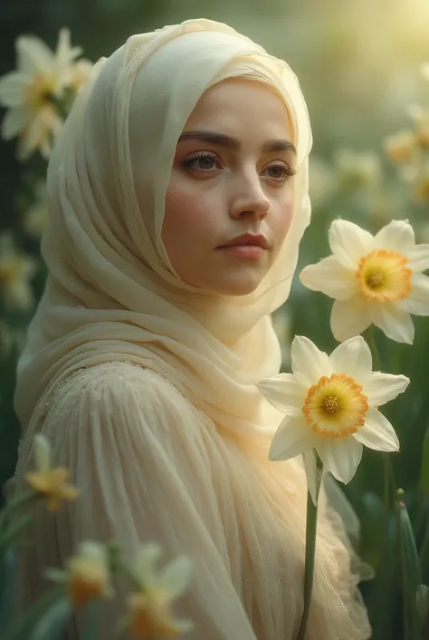 Umm wearing hijab; eye color; narcissus; the color of the face is corny; her breasts are big (٤:٩٤) Her body is normal