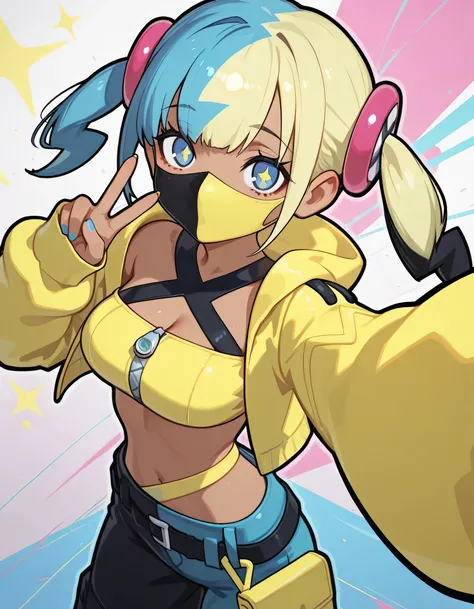 masterpiece, best quality, amazing quality, 1girl, canari, dark skin, multicolored hair, two-tone hair, blonde hair, blue hair, twintails, blue eyes, hair ornament, mouth mask, yellow jacket, hooded jacket, open jacket, long sleeves, sleeves past wrists, ...