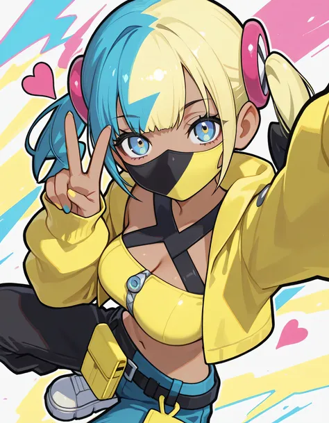 masterpiece, best quality, amazing quality,(dynamic fighting stance), 1girl, canari, dark skin, multicolored hair, two-tone hair, blonde hair, blue hair, twintails, blue eyes, hair ornament, mouth mask, yellow jacket, hooded jacket, open jacket, long slee...